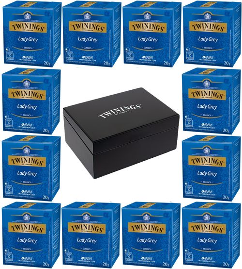 Kit Chá Twinings Preto Lady Grey 20g - 12 unidades + Caixa de madeira Preta