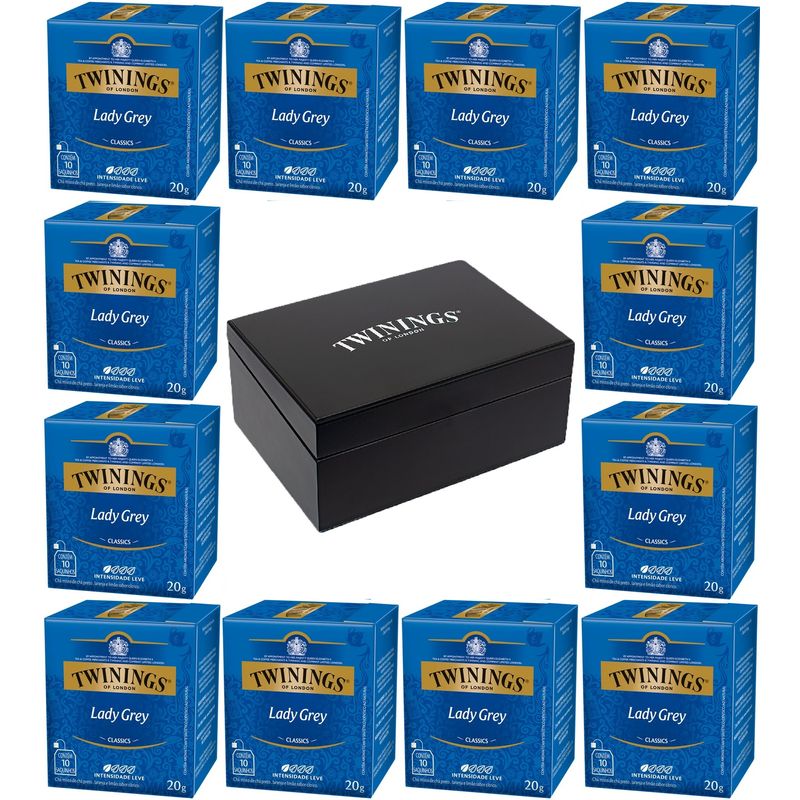 Kit Cha Twinings Preto Lady Grey 20g - 12 unidades + Caixa de madeira Preta