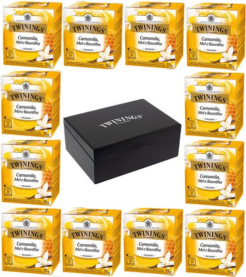 Kit Chá Twinings Misto Camomila, Mel e Baunilha 15g - 12 unidades + Caixa de madeira Preta