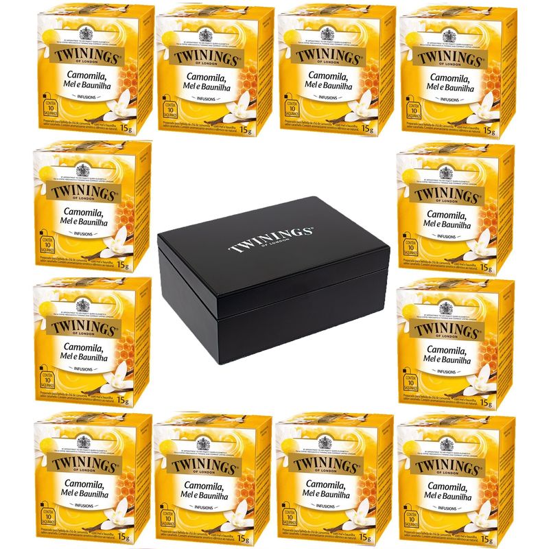 Kit Cha Twinings Misto Camomila, Mel e Baunilha 15g - 12 unidades + Caixa de madeira Preta