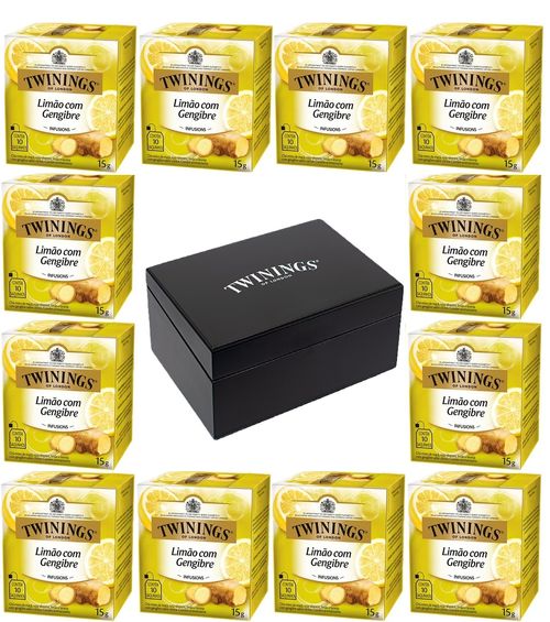 Kit Chá Twinings Misto Limão e Gengibre 15g - 12 unidades + Caixa de madeira Preta