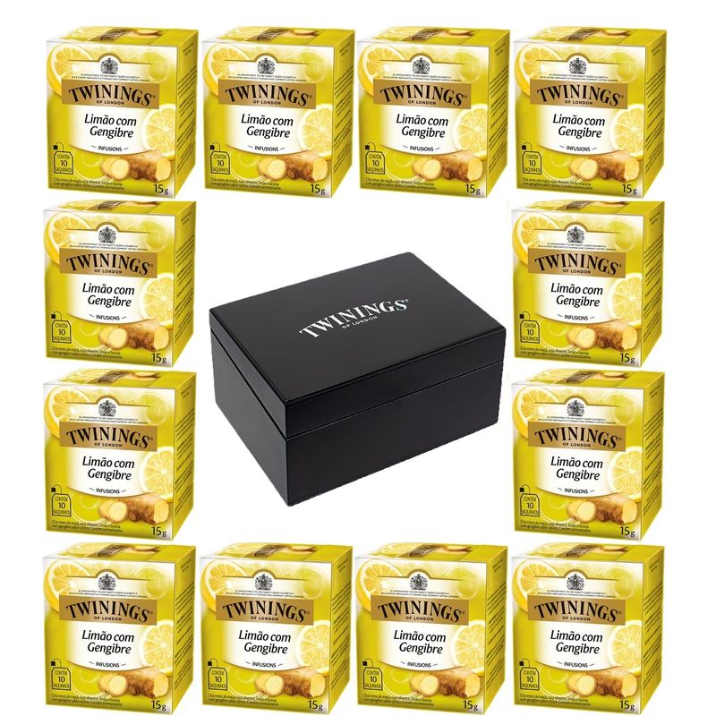 Kit Cha Twinings Misto Limao e Gengibre 15g - 12 unidades + Caixa de madeira Preta