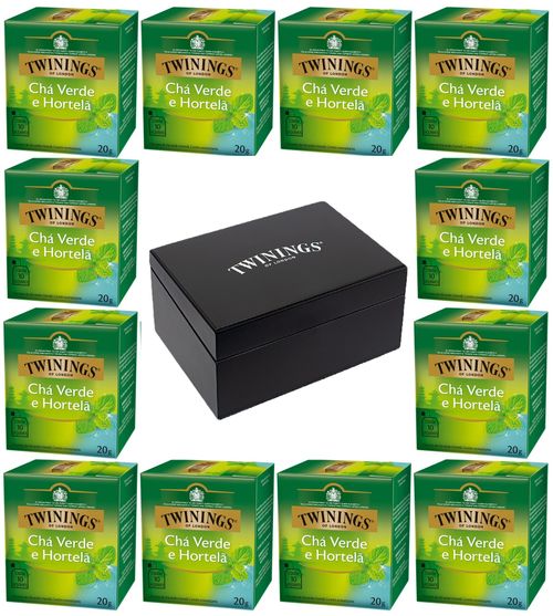 Kit Chá Twinings Chá verde e Hortelã 20g - 12 unidades + Caixa de madeira Preta