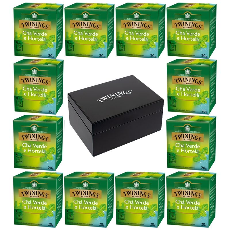 Kit-Cha-Twinings-Cha-verde-e-Hortela-20g---12-unidades---Caixa-de-madeira-Preta