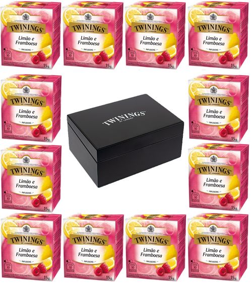 Kit Chá Twinings Limão e Framboesa 15g - 12 unidades + Caixa de madeira Preta