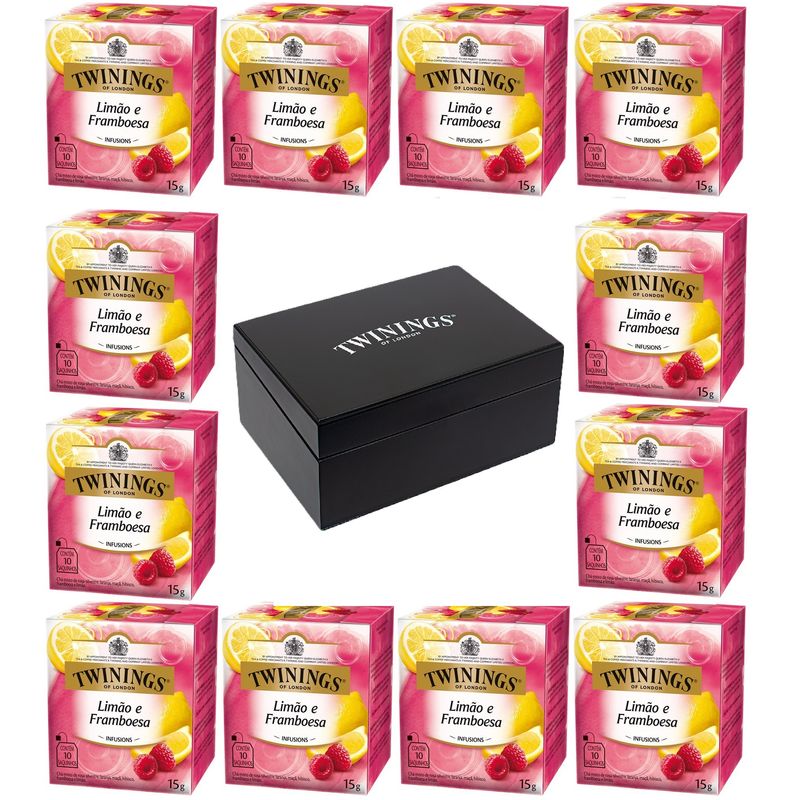 Kit Cha Twinings Limao e Framboesa 15g - 12 unidades + Caixa de madeira Preta
