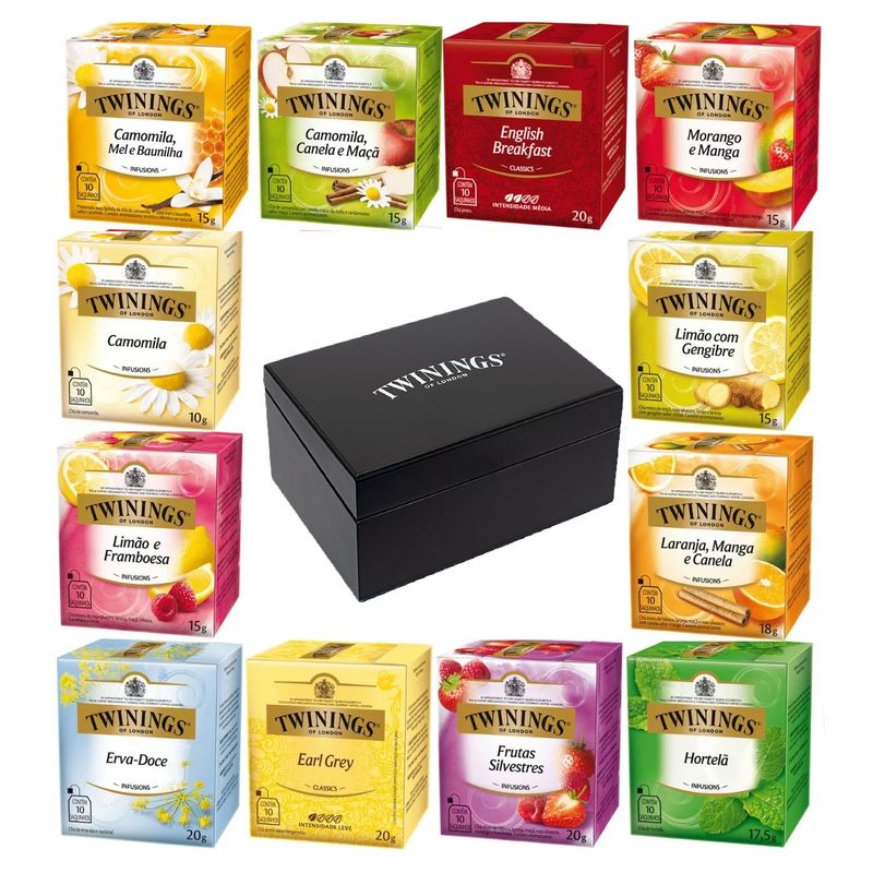 Kit cha Twinings Mix de Sabores - 12 Unidades + Caixa de madeira Preta