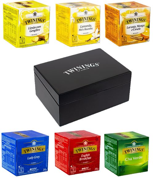 Kit Caixa de Madeira Preta e Chá Twinings 60 Sachês