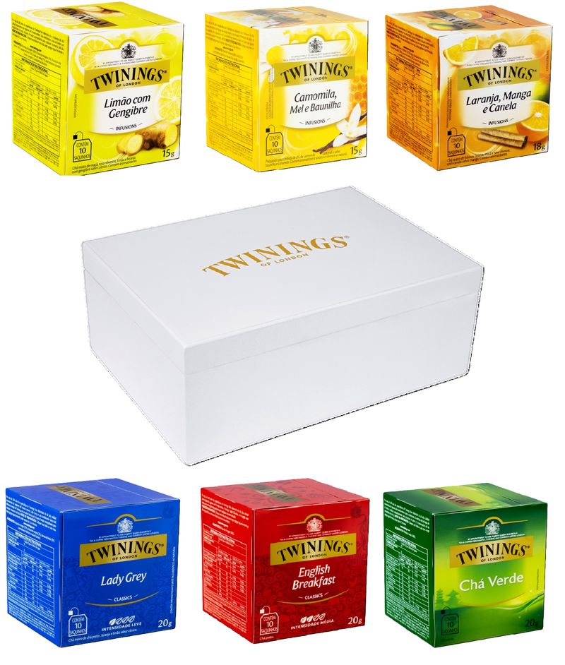 Kit Caixa de Madeira Branca e Chá Twinings 60 Sachês